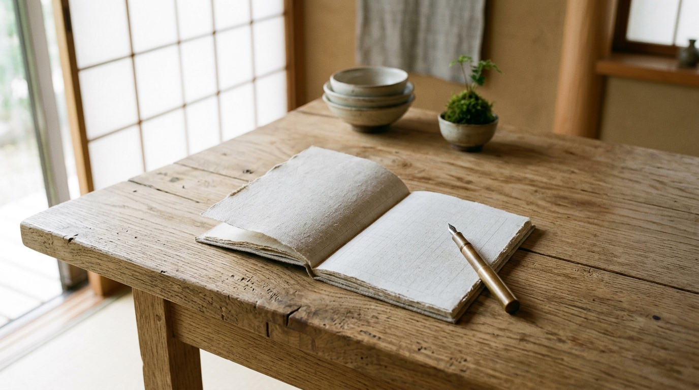 Minimalist timber desk with handmade notebook and brass pen