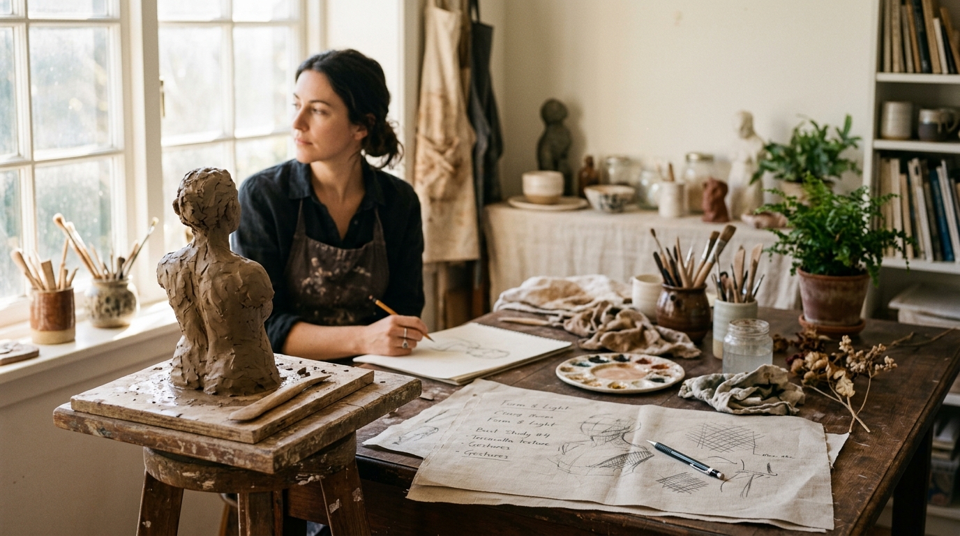 Artist in studio with unfinished clay sculpture and sketches in morning light