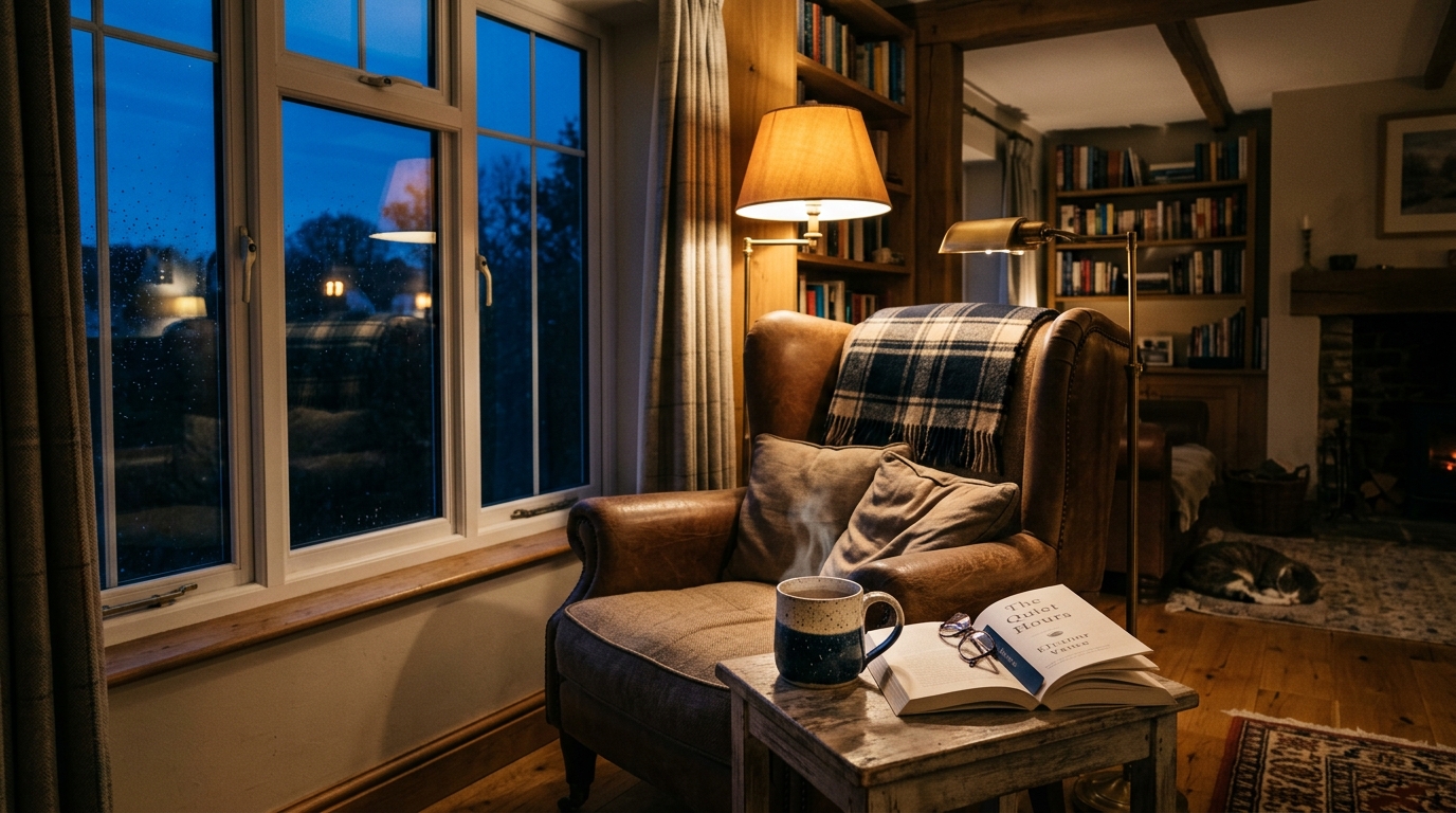 Cozy reading chair at twilight with warm amber lamp and steaming tea cup