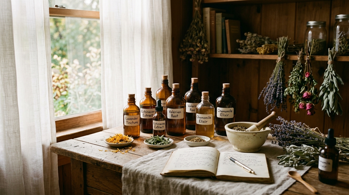 Apothecary table with amber bottles, medicinal herbs, and notebook