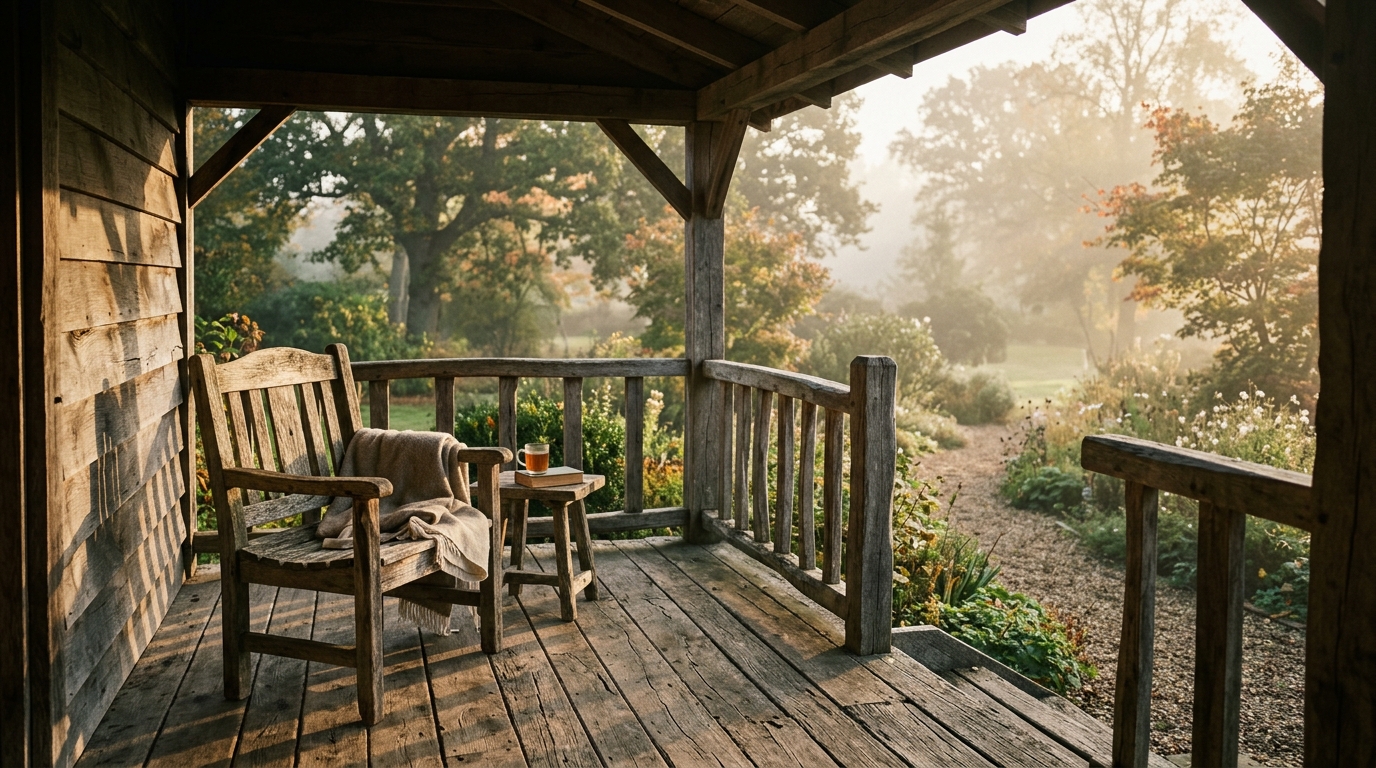 A weathered wooden porch overlooking a peaceful garden in late afternoon light