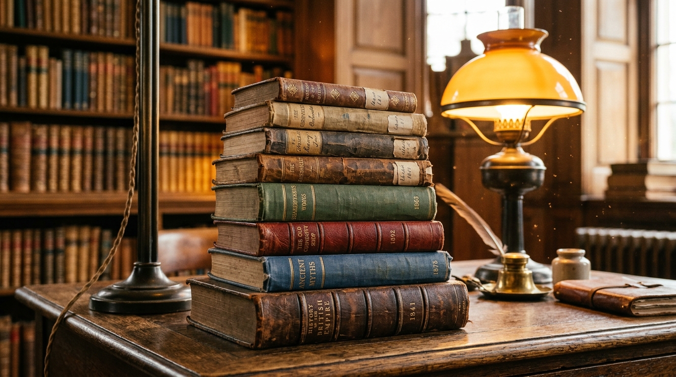 Antique leather and clothbound books on an oak library table beside warm brass lamp