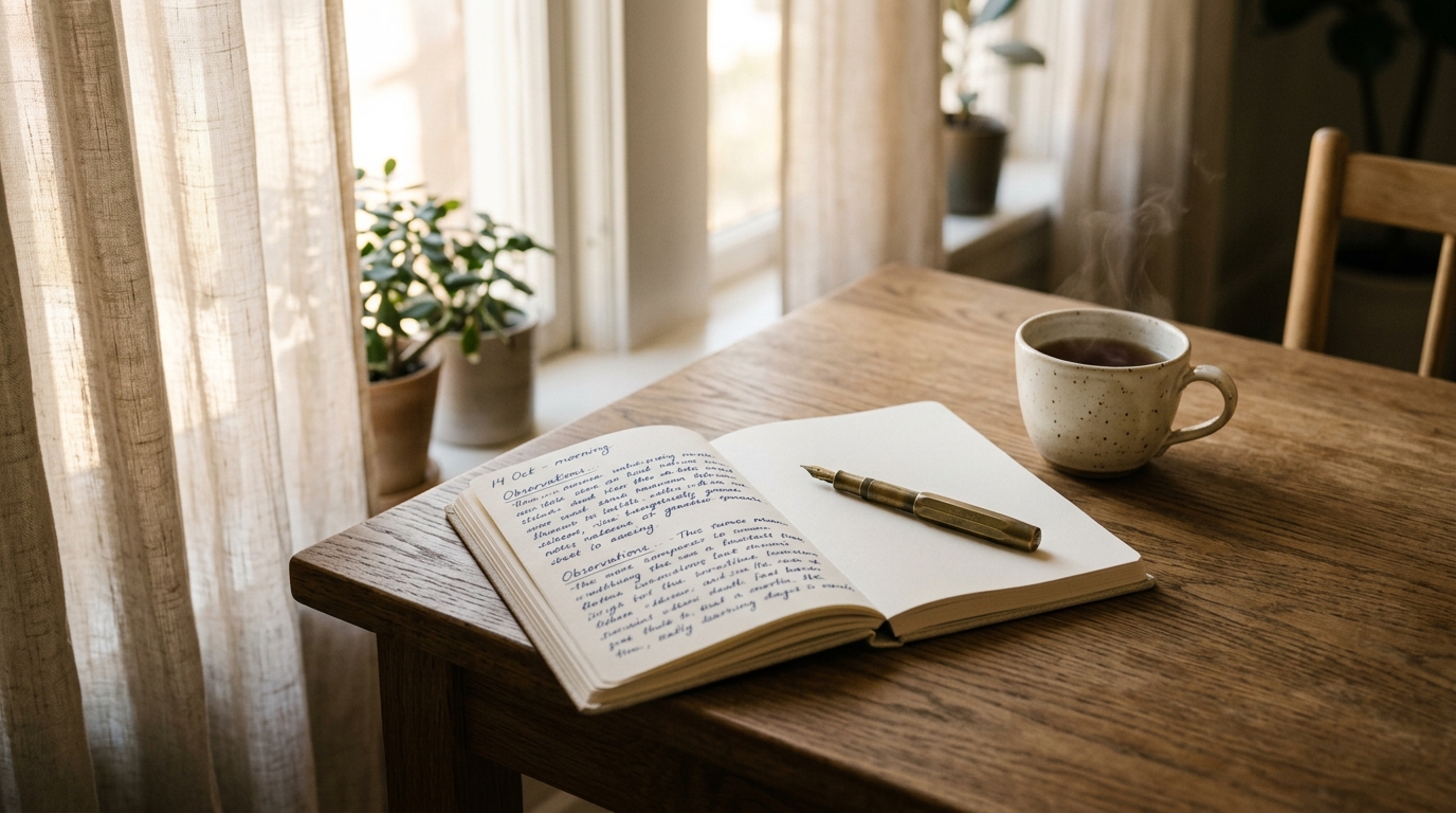 Quiet morning writing desk bathed in soft natural light