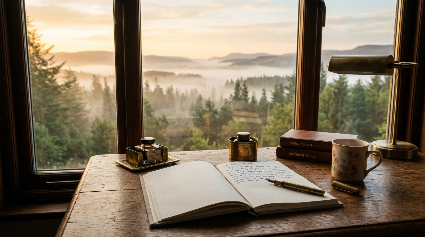 Morning writing table overlooking tranquil misty mountain pine valley