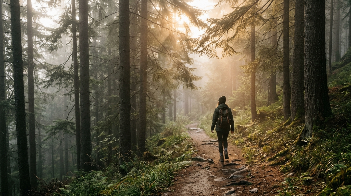 A solitary walker on a misty pine forest path in early morning light